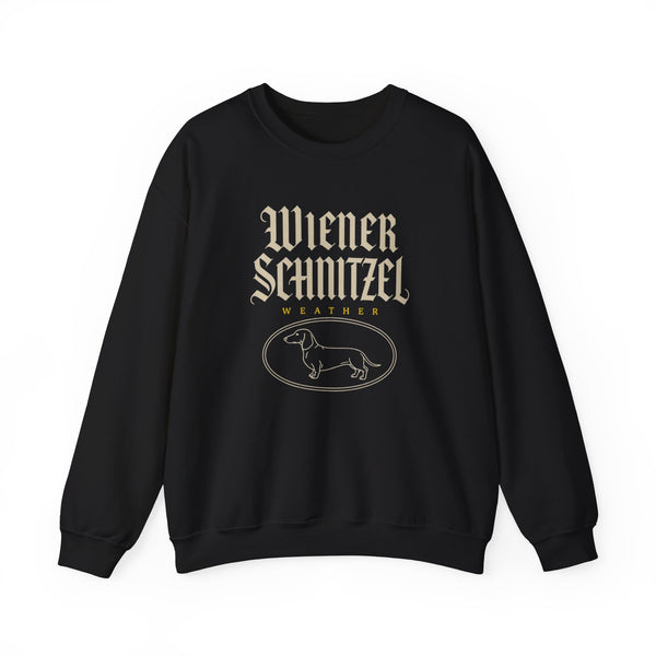 Black Wiener Schnitzel Weather crewneck sweatshirt with German blackletter lettering and a line-art dachshund logo