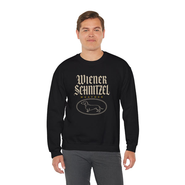 Man wearing the black Wiener Schnitzel Weather crewneck with blackletter lettering and dachshund logo