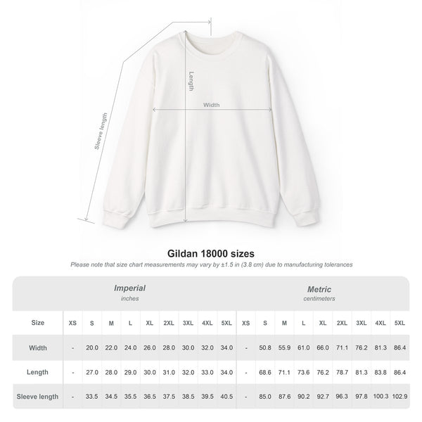 Size chart for the Wiener Schnitzel Weather crewneck, Gildan 18000, sizes S through 5XL